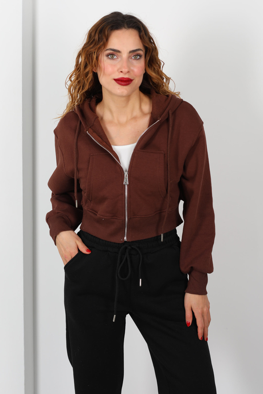 Kapüşonlu Üç İp Kahverengi Kadın Crop Sweat Ceket - 1