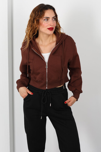 Kapüşonlu Üç İp Kahverengi Kadın Crop Sweat Ceket - Berox (1)