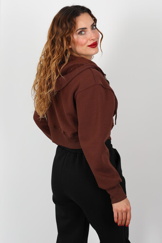 Kapüşonlu Üç İp Kahverengi Kadın Crop Sweat Ceket - 5