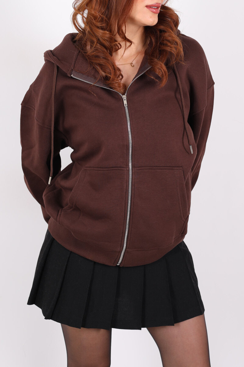 Kapüşonlu Üç İplik Acı Kahve Kadın Sweat Fermuarlı Ceket - 2