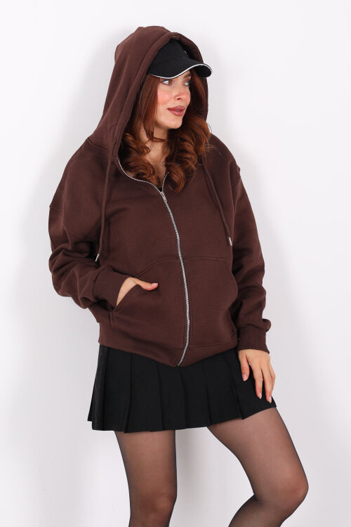 Kapüşonlu Üç İplik Acı Kahve Kadın Sweat Fermuarlı Ceket - 3