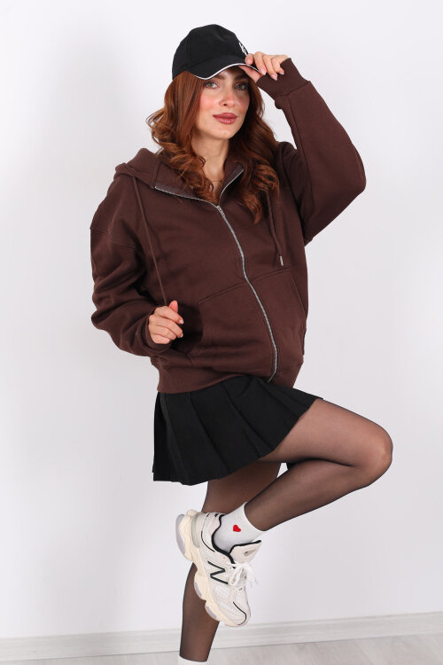 Kapüşonlu Üç İplik Acı Kahve Kadın Sweat Fermuarlı Ceket - Berox