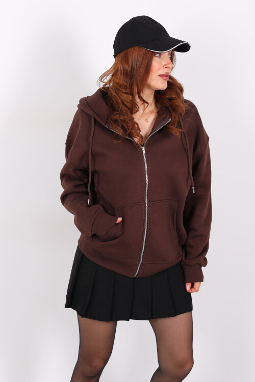 Kapüşonlu Üç İplik Acı Kahve Kadın Sweat Fermuarlı Ceket - 6
