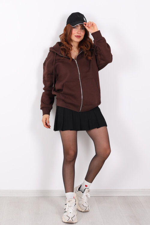 Kapüşonlu Üç İplik Acı Kahve Kadın Sweat Fermuarlı Ceket - 4
