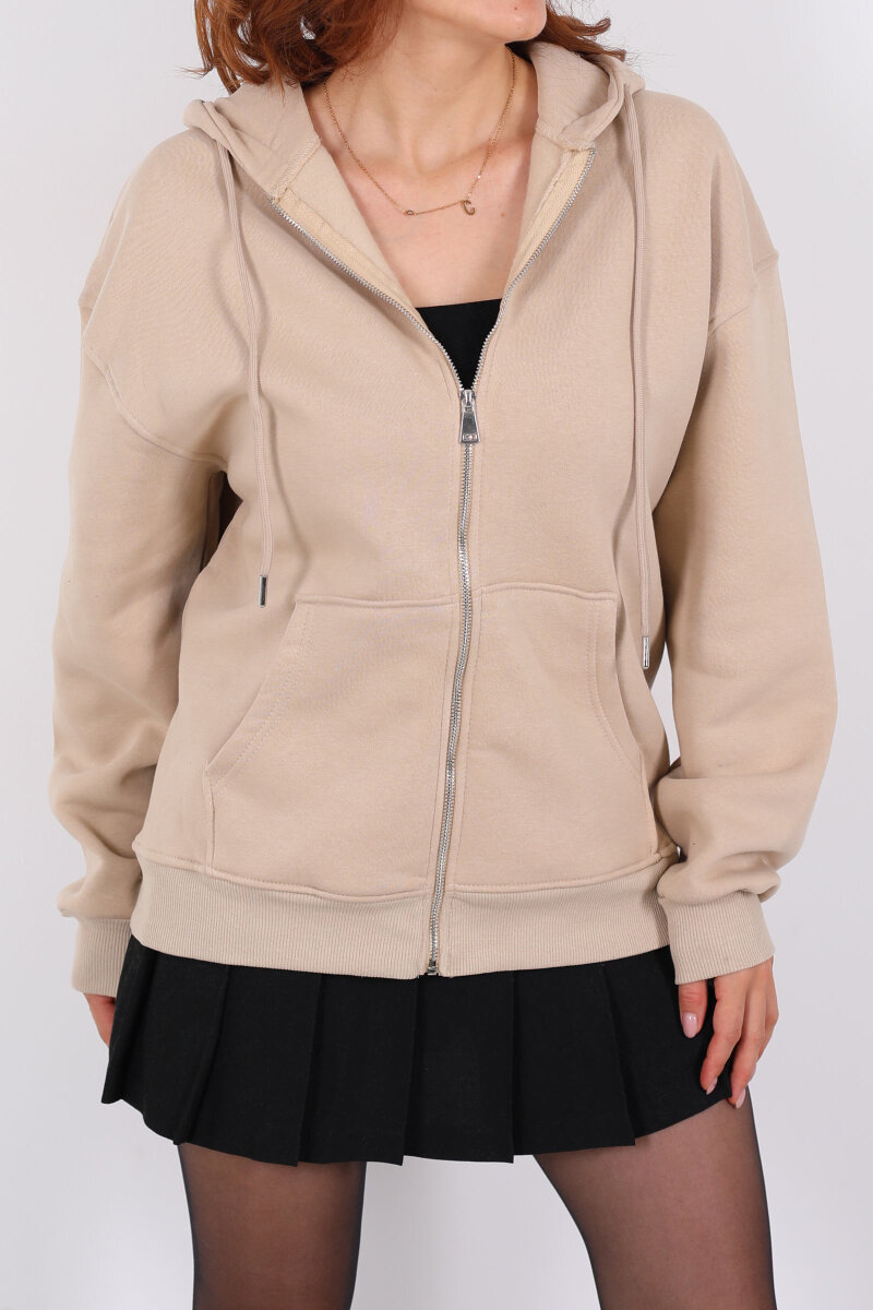 Kapüşonlu Üç İplik Bej Kadın Sweat Fermuarlı Ceket - 2