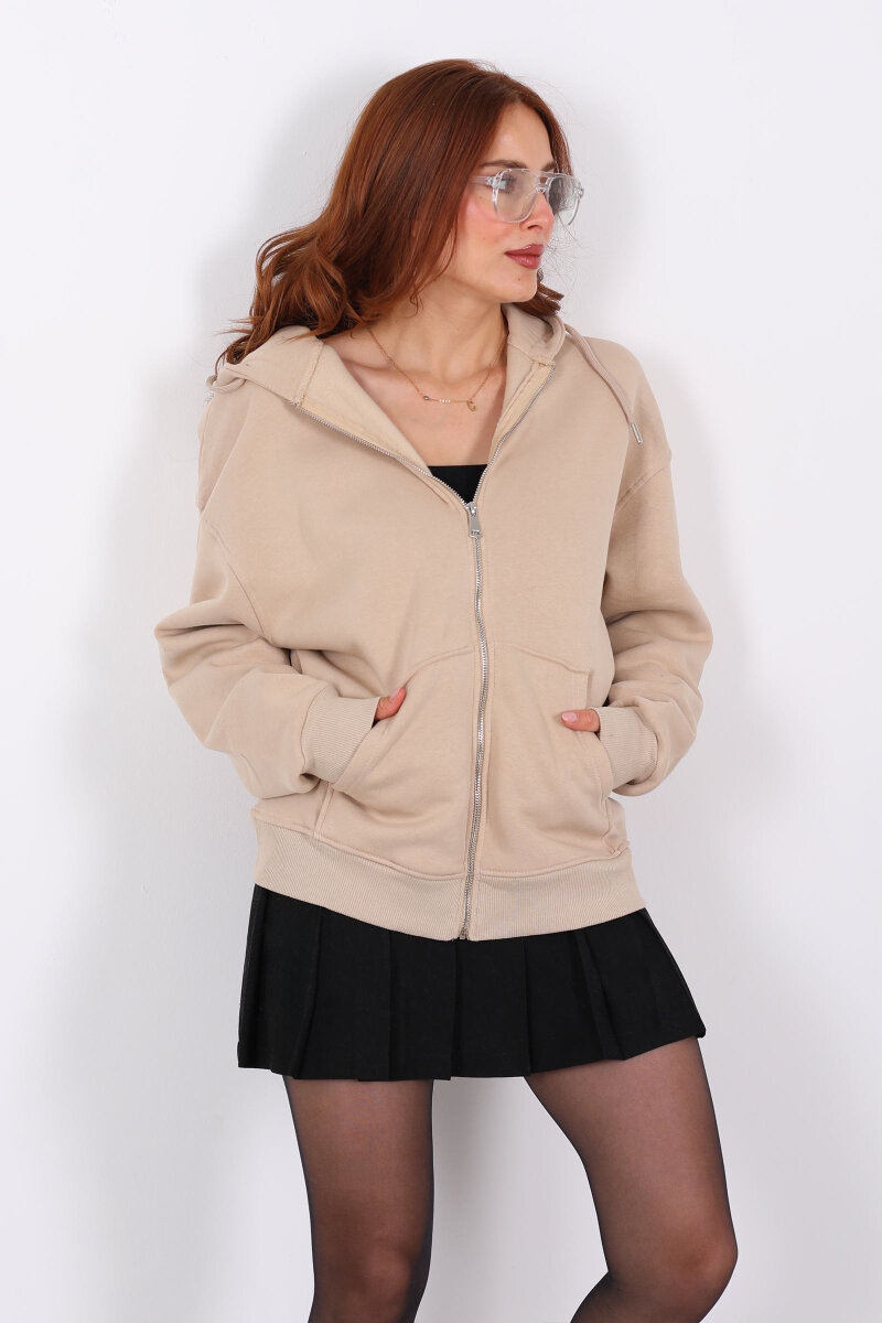 Kapüşonlu Üç İplik Bej Kadın Sweat Fermuarlı Ceket - 3