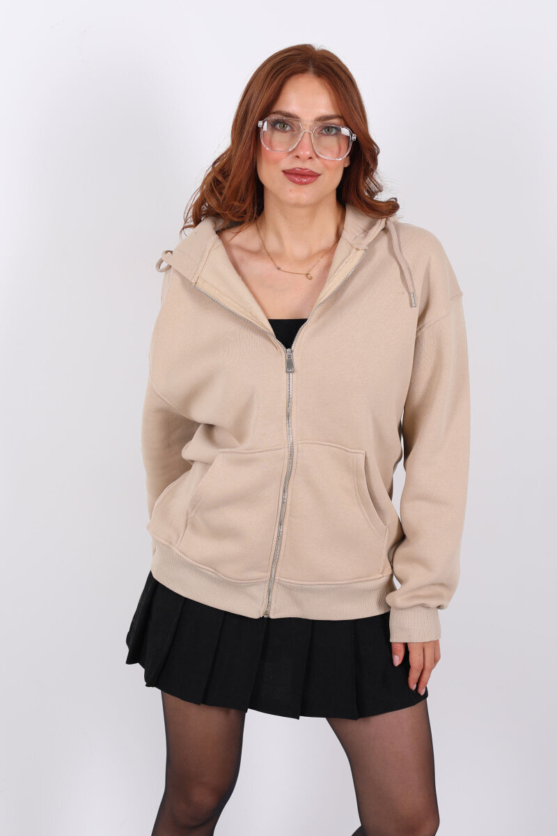 Kapüşonlu Üç İplik Bej Kadın Sweat Fermuarlı Ceket - 4