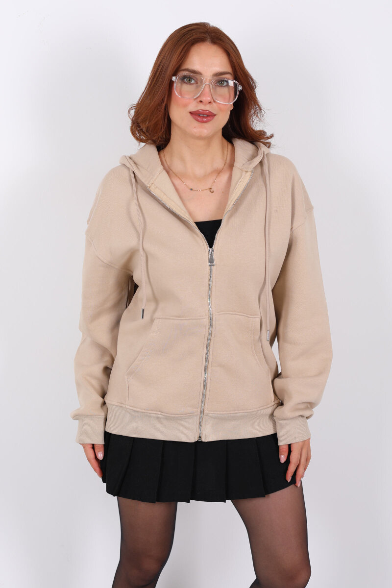 Kapüşonlu Üç İplik Bej Kadın Sweat Fermuarlı Ceket - 6