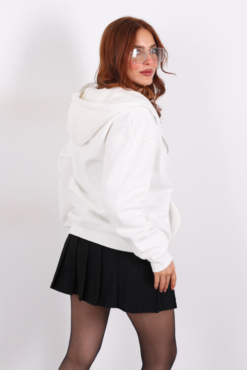 Kapüşonlu Üç İpli Beyaz Kadın Sweat Fermuarlı Ceket - 6