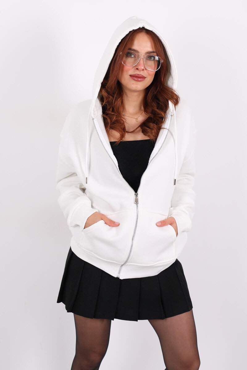 Kapüşonlu Üç İpli Beyaz Kadın Sweat Fermuarlı Ceket - 4
