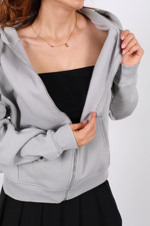 Kapüşonlu Üç İplik Gri Kadın Sweat Fermuarlı Ceket - Berox (1)