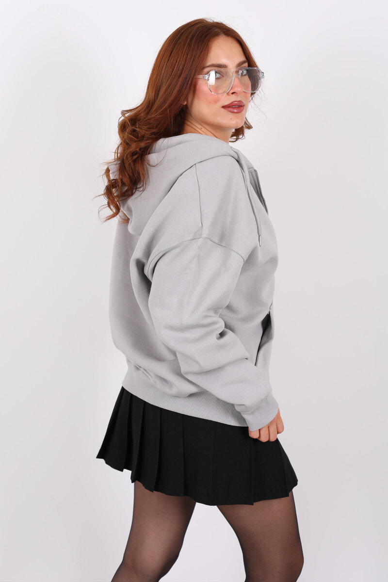 Kapüşonlu Üç İplik Gri Kadın Sweat Fermuarlı Ceket - 5