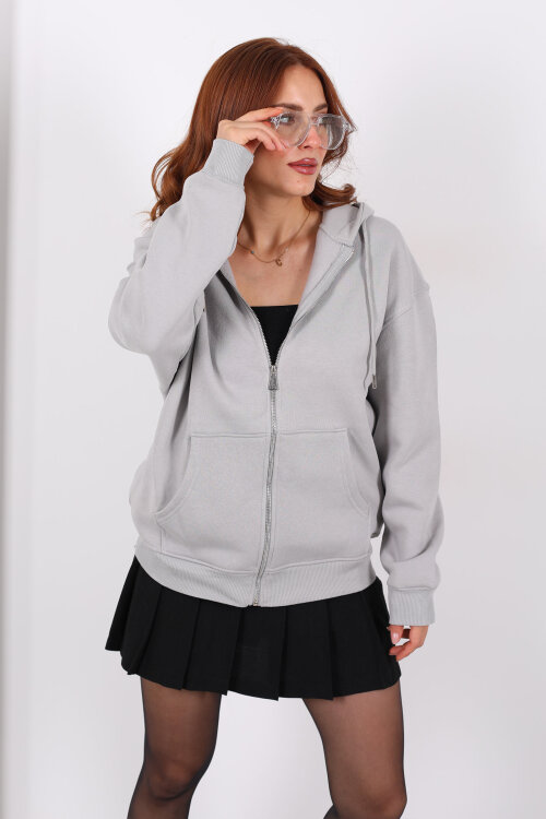 Kapüşonlu Üç İplik Gri Kadın Sweat Fermuarlı Ceket - 3