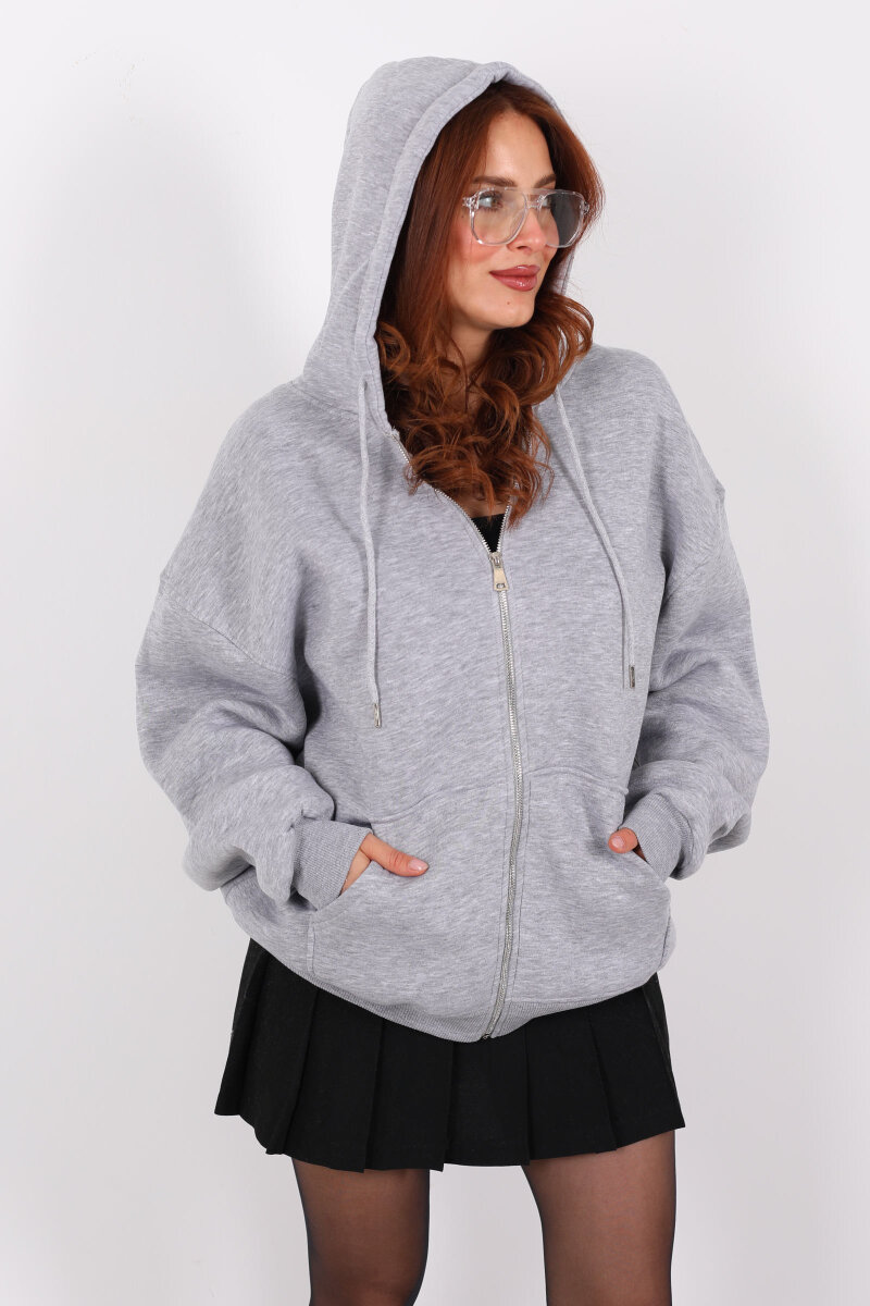 Kapüşonlu Üç İplik Gri Melanj Kadın Sweat Fermuarlı Ceket - 3