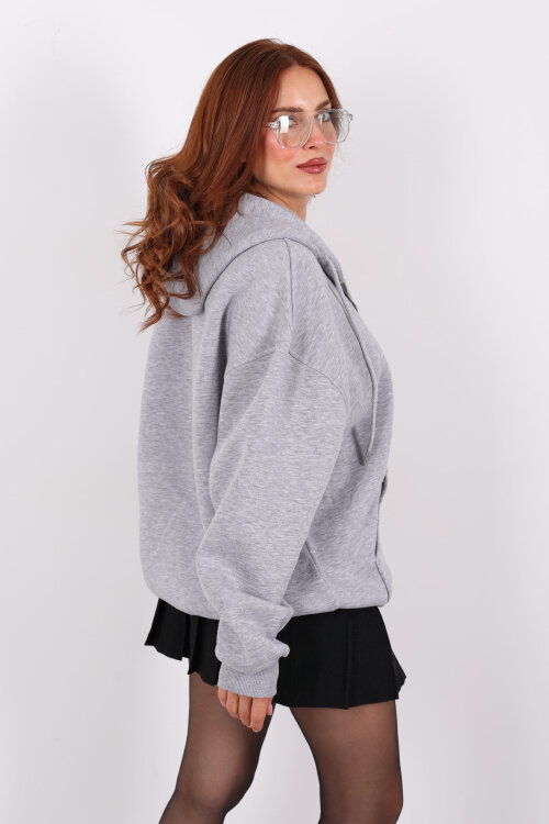 Kapüşonlu Üç İplik Gri Melanj Kadın Sweat Fermuarlı Ceket - 5