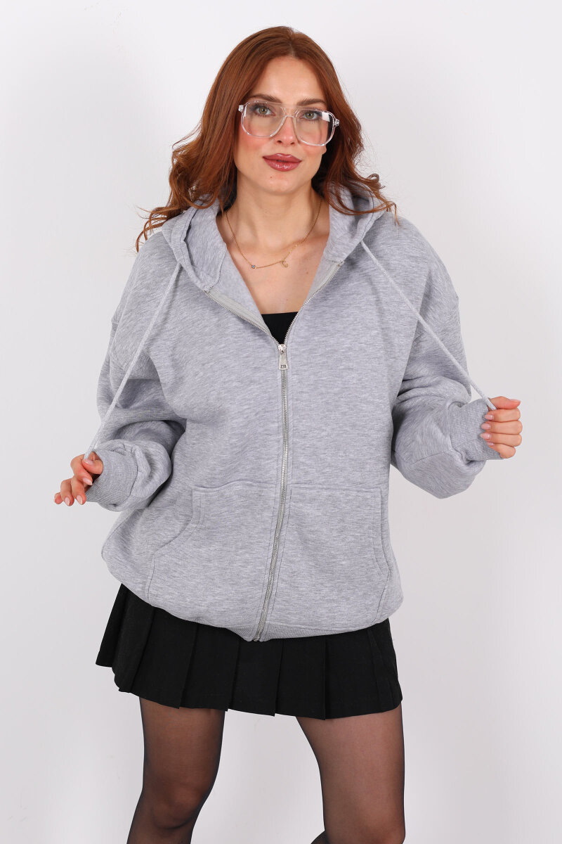 Kapüşonlu Üç İplik Gri Melanj Kadın Sweat Fermuarlı Ceket - 4