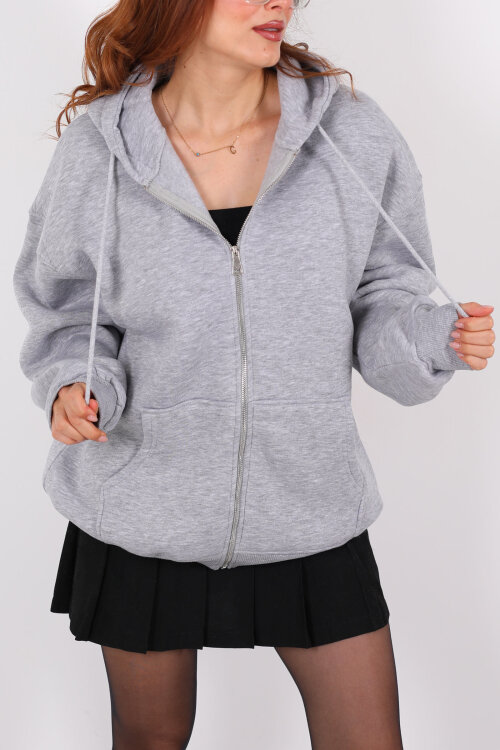 Kapüşonlu Üç İplik Gri Melanj Kadın Sweat Fermuarlı Ceket - Berox (1)