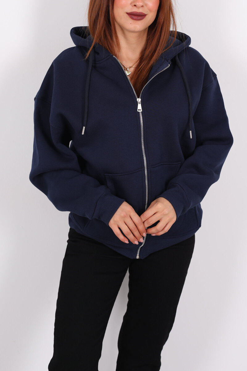 Kapüşonlu Üç İplik Lacivert Kadın Sweat Fermuarlı Ceket - 2