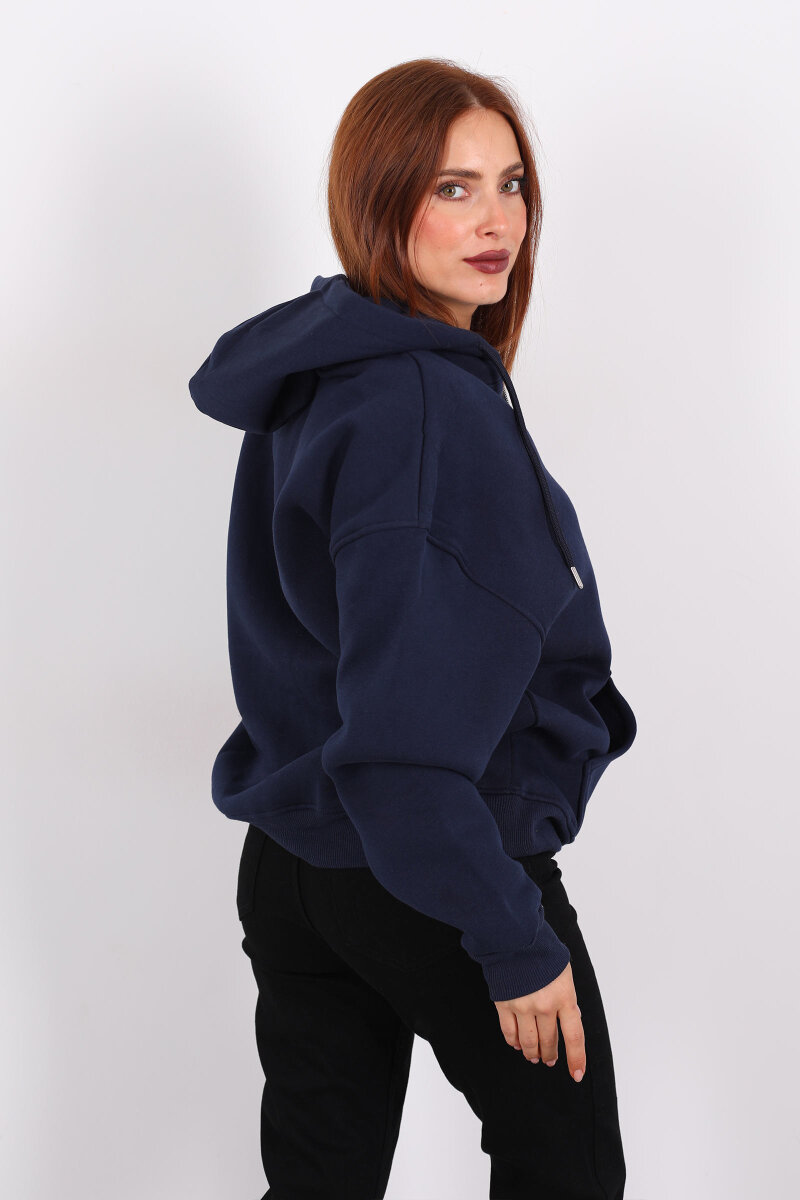 Kapüşonlu Üç İplik Lacivert Kadın Sweat Fermuarlı Ceket - 4