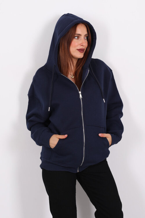 Kapüşonlu Üç İplik Lacivert Kadın Sweat Fermuarlı Ceket - 5