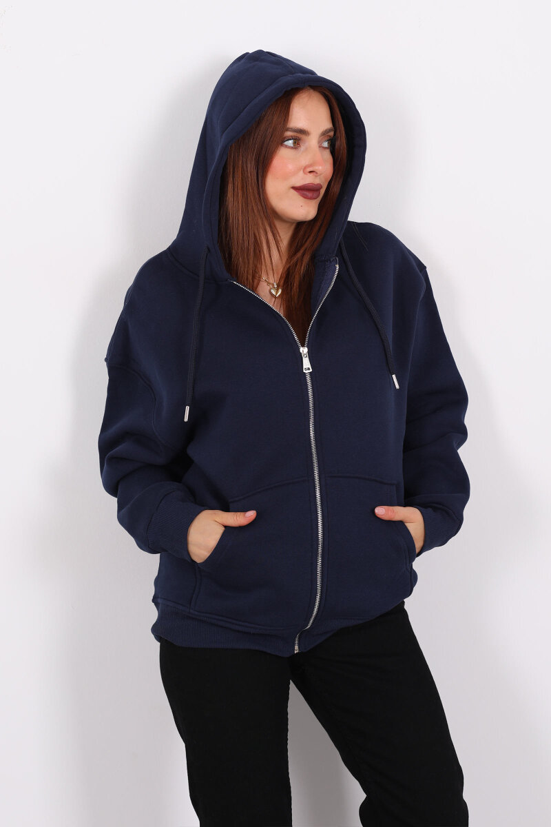 Kapüşonlu Üç İplik Lacivert Kadın Sweat Fermuarlı Ceket - 5