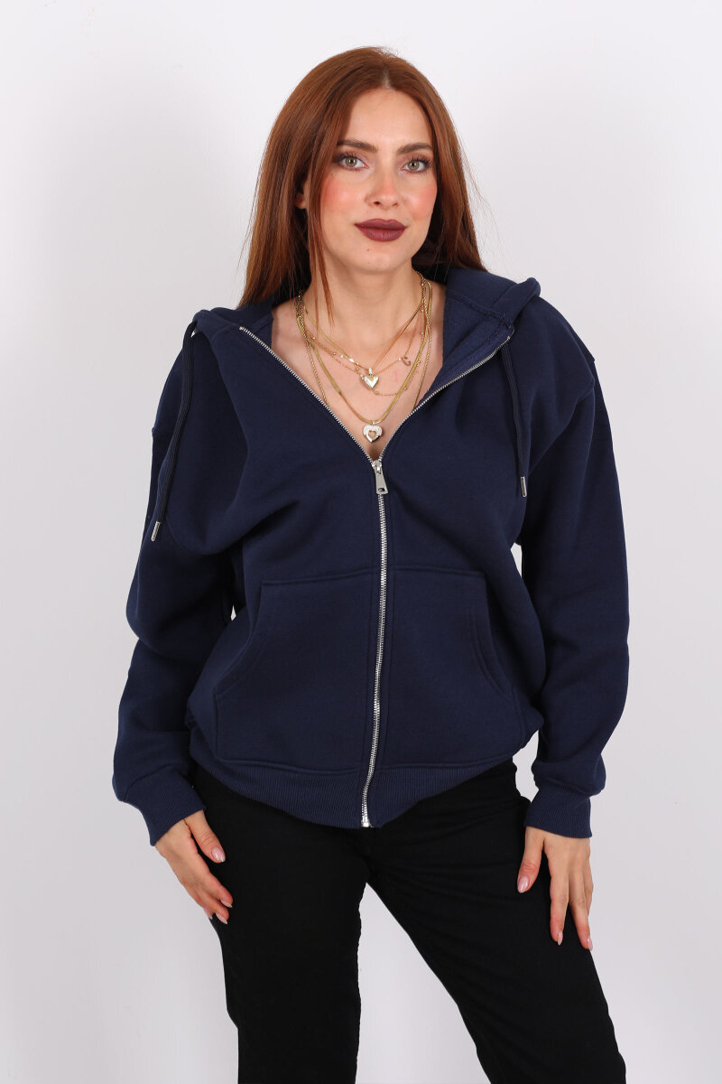 Kapüşonlu Üç İplik Lacivert Kadın Sweat Fermuarlı Ceket - 3