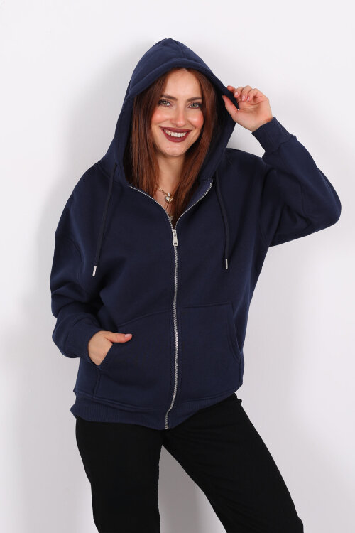 Kapüşonlu Üç İplik Lacivert Kadın Sweat Fermuarlı Ceket - Berox