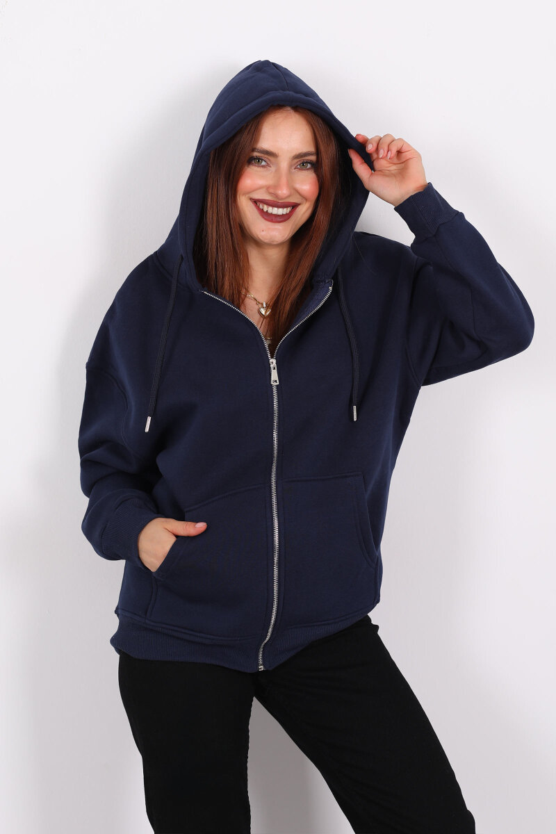 Kapüşonlu Üç İplik Lacivert Kadın Sweat Fermuarlı Ceket - 1