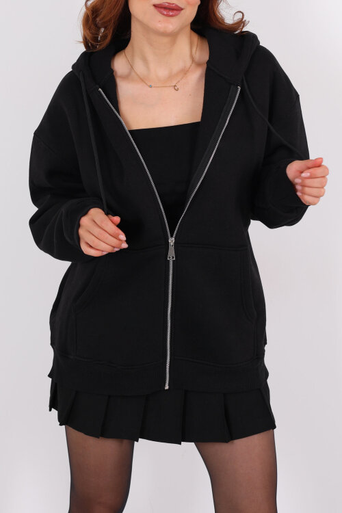 Kapüşonlu Üç İplik Siyah Kadın Sweat Fermuarlı Ceket - Berox (1)