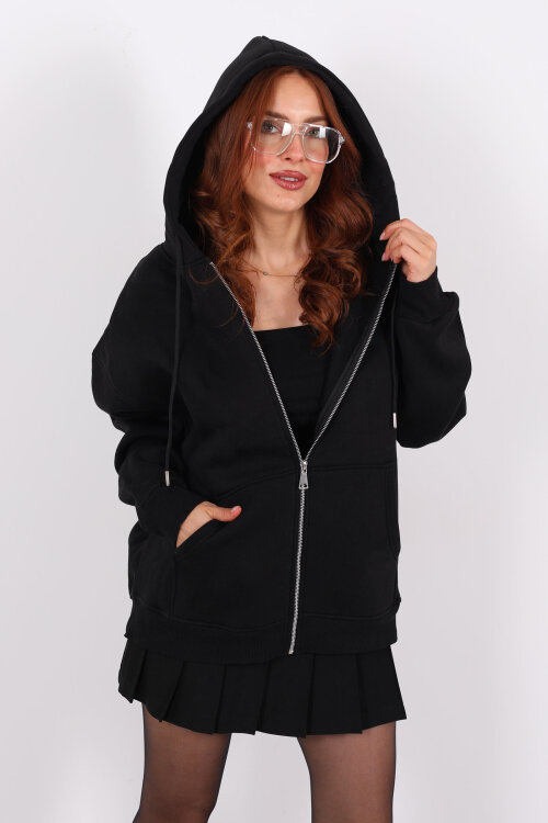 Kapüşonlu Üç İplik Siyah Kadın Sweat Fermuarlı Ceket - 3