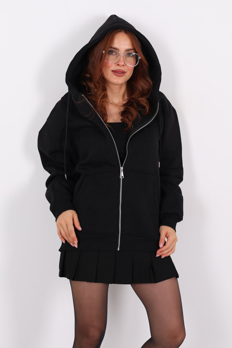 Kapüşonlu Üç İplik Siyah Kadın Sweat Fermuarlı Ceket - 5