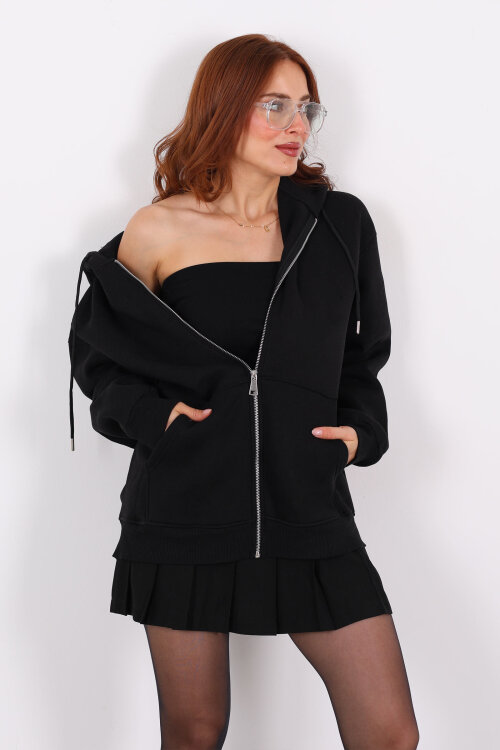 Kapüşonlu Üç İplik Siyah Kadın Sweat Fermuarlı Ceket - 4