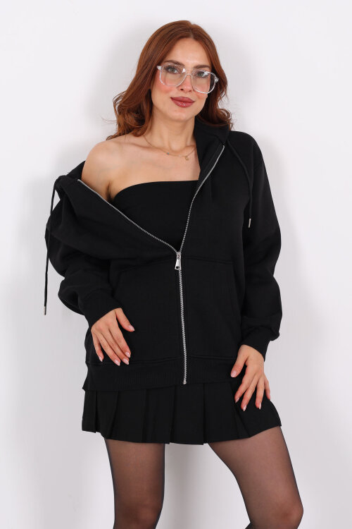 Kapüşonlu Üç İplik Siyah Kadın Sweat Fermuarlı Ceket - 6