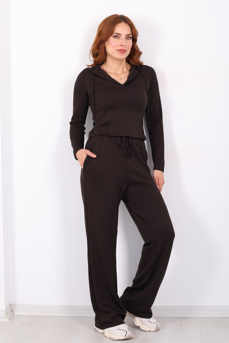 Kapüşonlu V Yaka Acı Kahve Kadın Modal Takım - 5