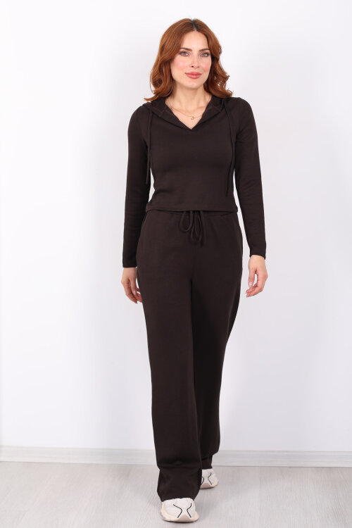 Kapüşonlu V Yaka Acı Kahve Kadın Modal Takım - 7