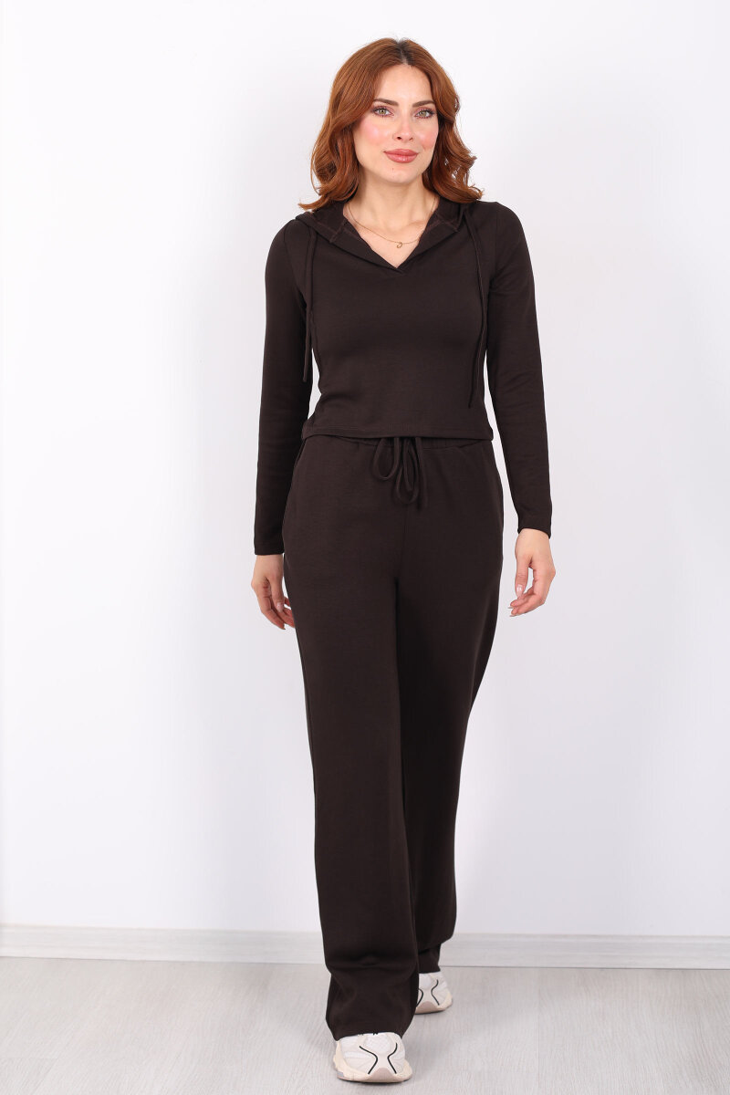 Kapüşonlu V Yaka Acı Kahve Kadın Modal Takım - 7