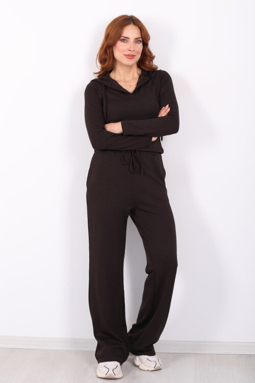 Kapüşonlu V Yaka Acı Kahve Kadın Modal Takım - 3