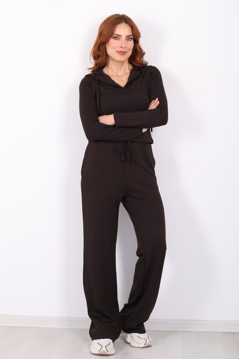 Kapüşonlu V Yaka Acı Kahve Kadın Modal Takım - 3