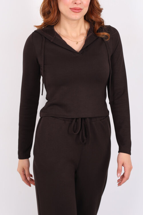 Kapüşonlu V Yaka Acı Kahve Kadın Modal Takım - Berox (1)