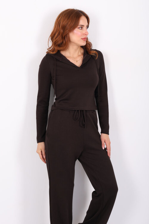 Kapüşonlu V Yaka Acı Kahve Kadın Modal Takım - 4