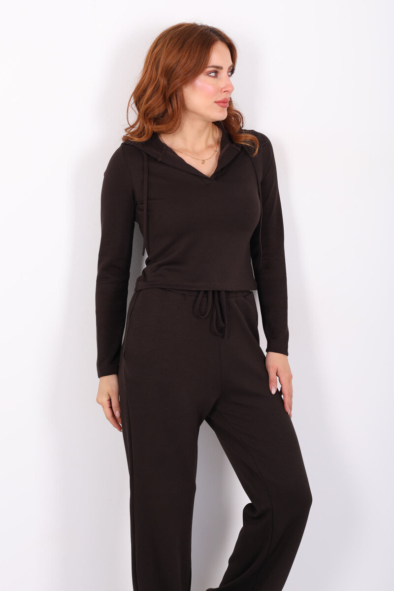 Kapüşonlu V Yaka Acı Kahve Kadın Modal Takım - 4
