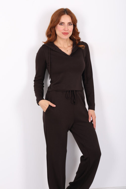 Kapüşonlu V Yaka Acı Kahve Kadın Modal Takım - Berox