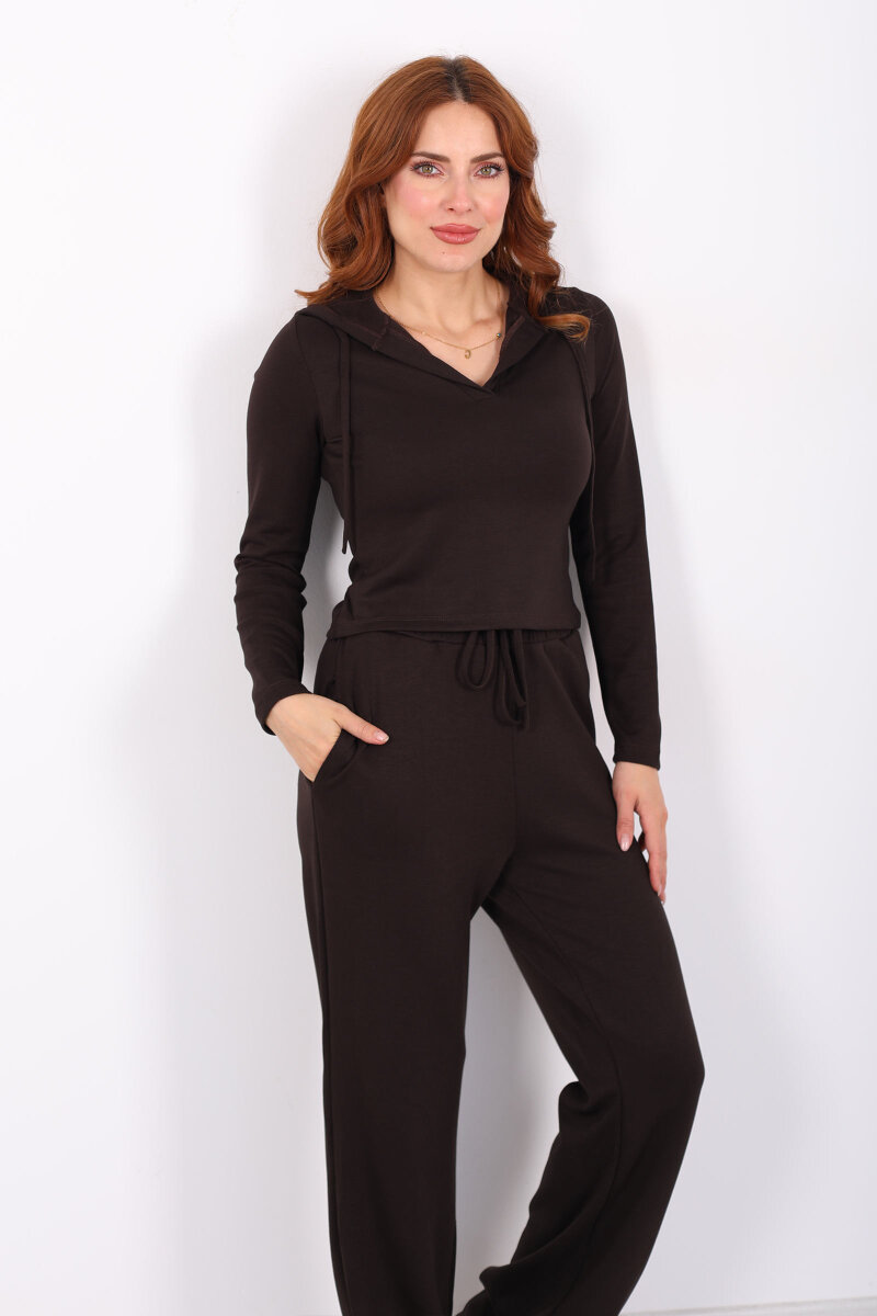 Kapüşonlu V Yaka Acı Kahve Kadın Modal Takım - 1