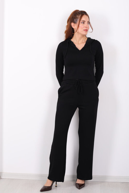 Kapüşonlu V Yaka Siyah Kadın Modal Takım - 4