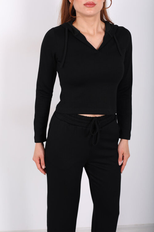 Kapüşonlu V Yaka Siyah Kadın Modal Takım - Berox (1)