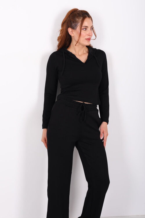 Kapüşonlu V Yaka Siyah Kadın Modal Takım - 3
