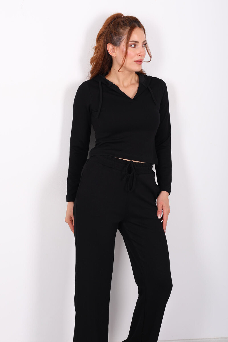 Kapüşonlu V Yaka Siyah Kadın Modal Takım - 3