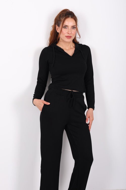 Kapüşonlu V Yaka Siyah Kadın Modal Takım - 6