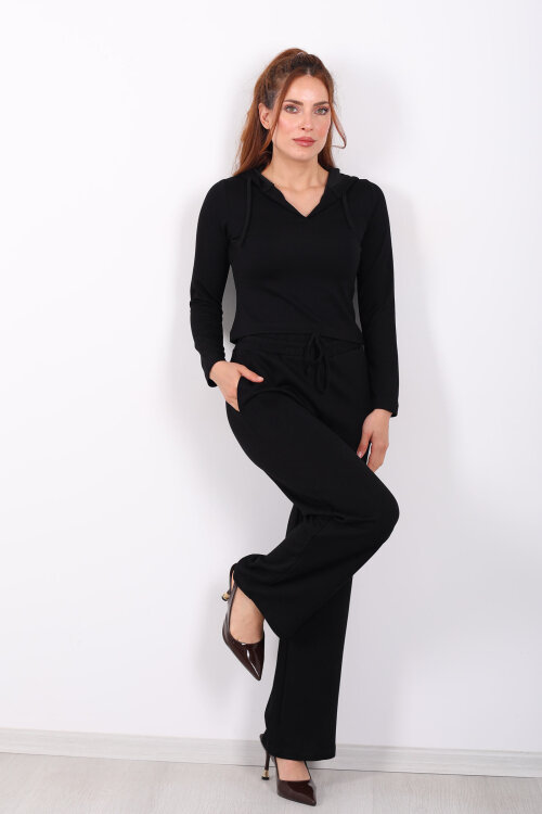 Kapüşonlu V Yaka Siyah Kadın Modal Takım - Berox