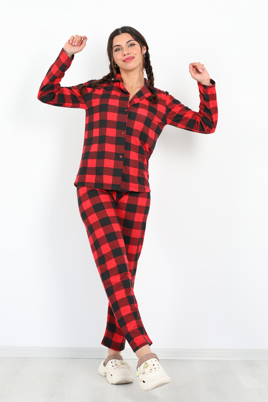 Kare Desen Kırmızı Siyah Kadın Pijama Takım - 1